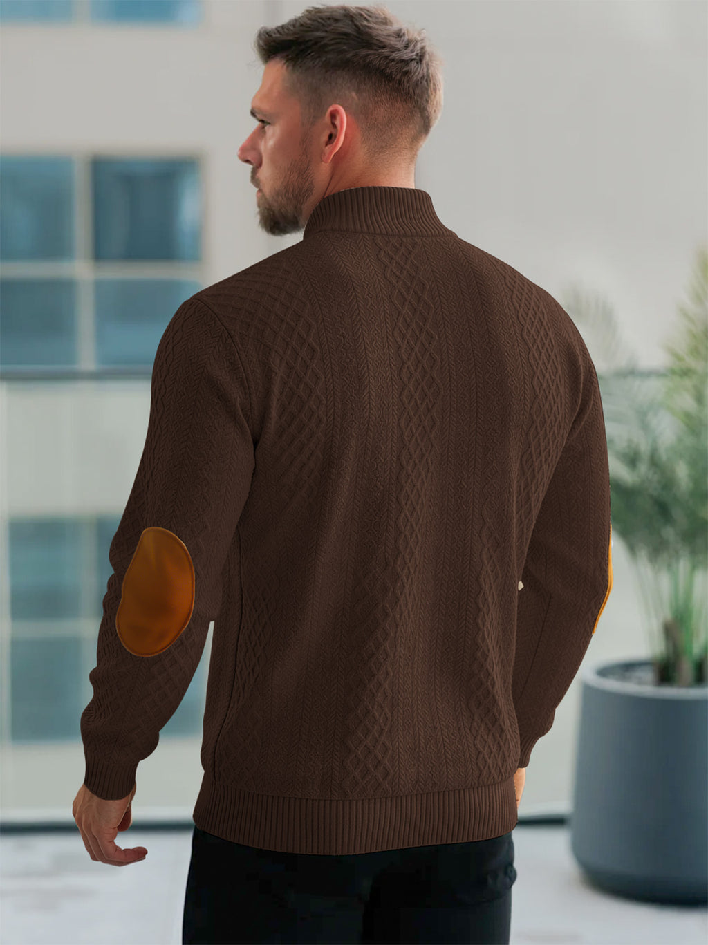JK03 Riskrole Men's Quarter Zip Cable Knit Sweater with Faux Leather Elbow Patches