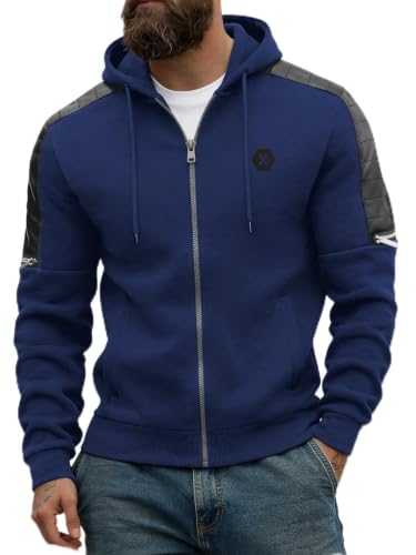 Men's Zip-Up Fleece Hoodie with Leather Trim - Navy