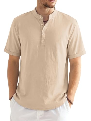 Men's Cotton-Linen Henley Shirt - Light Khaki