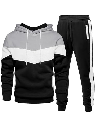 Men's 2-Piece Fleece Hoodie & Jogger Set - Black White Grey