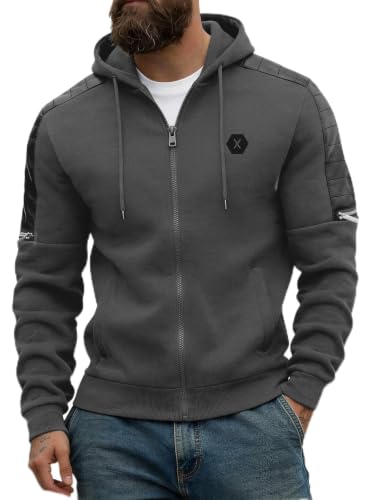Men's Zip-Up Fleece Hoodie with Leather Trim - Dark Grey