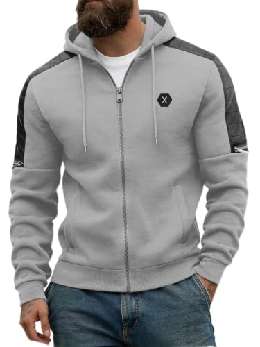Men's Zip-Up Fleece Hoodie with Leather Trim - Light Grey