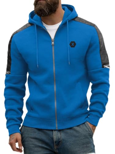 Men's Zip-Up Fleece Hoodie with Leather Trim - Royalblue