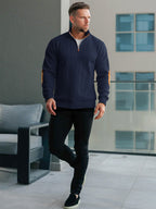 JK03 Riskrole Men's Quarter Zip Cable Knit Sweater with Faux Leather Elbow Patches