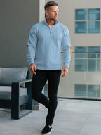 JK03 Riskrole Men's Quarter Zip Cable Knit Sweater with Faux Leather Elbow Patches