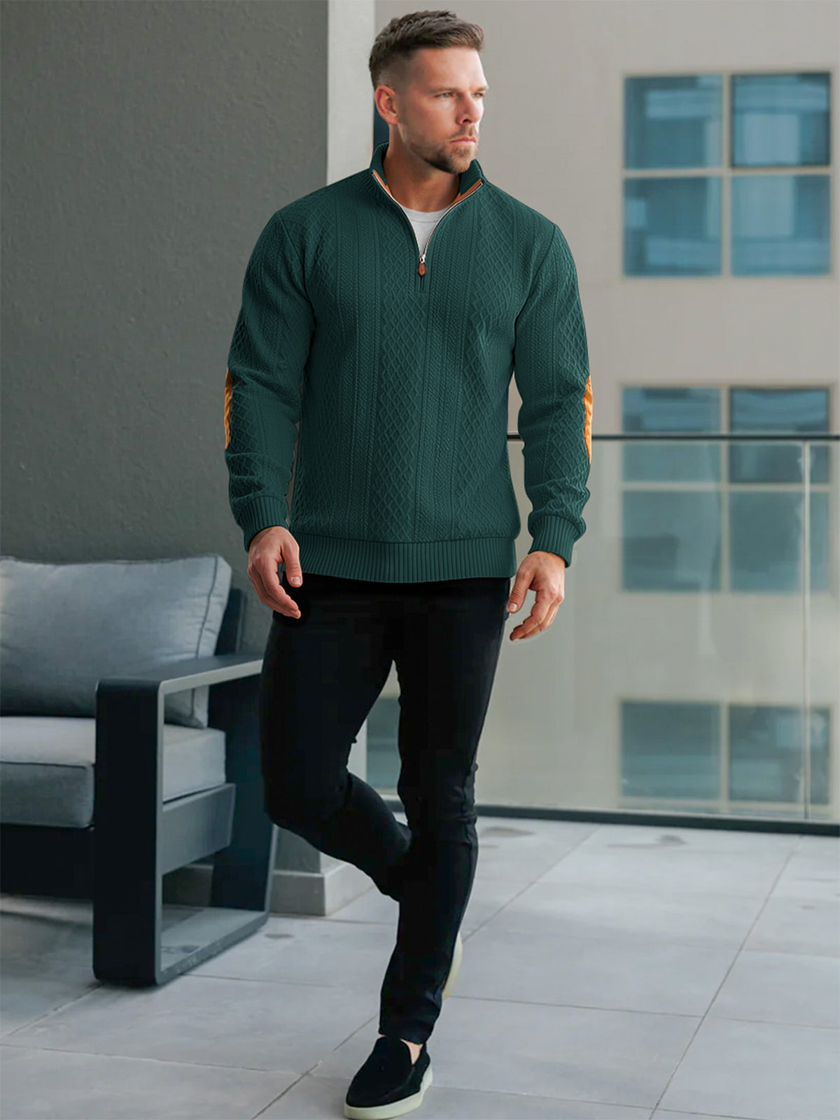 JK03 Riskrole Men's Quarter Zip Cable Knit Sweater with Faux Leather Elbow Patches