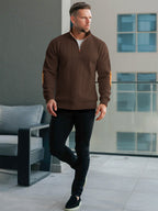 JK03 Riskrole Men's Quarter Zip Cable Knit Sweater with Faux Leather Elbow Patches