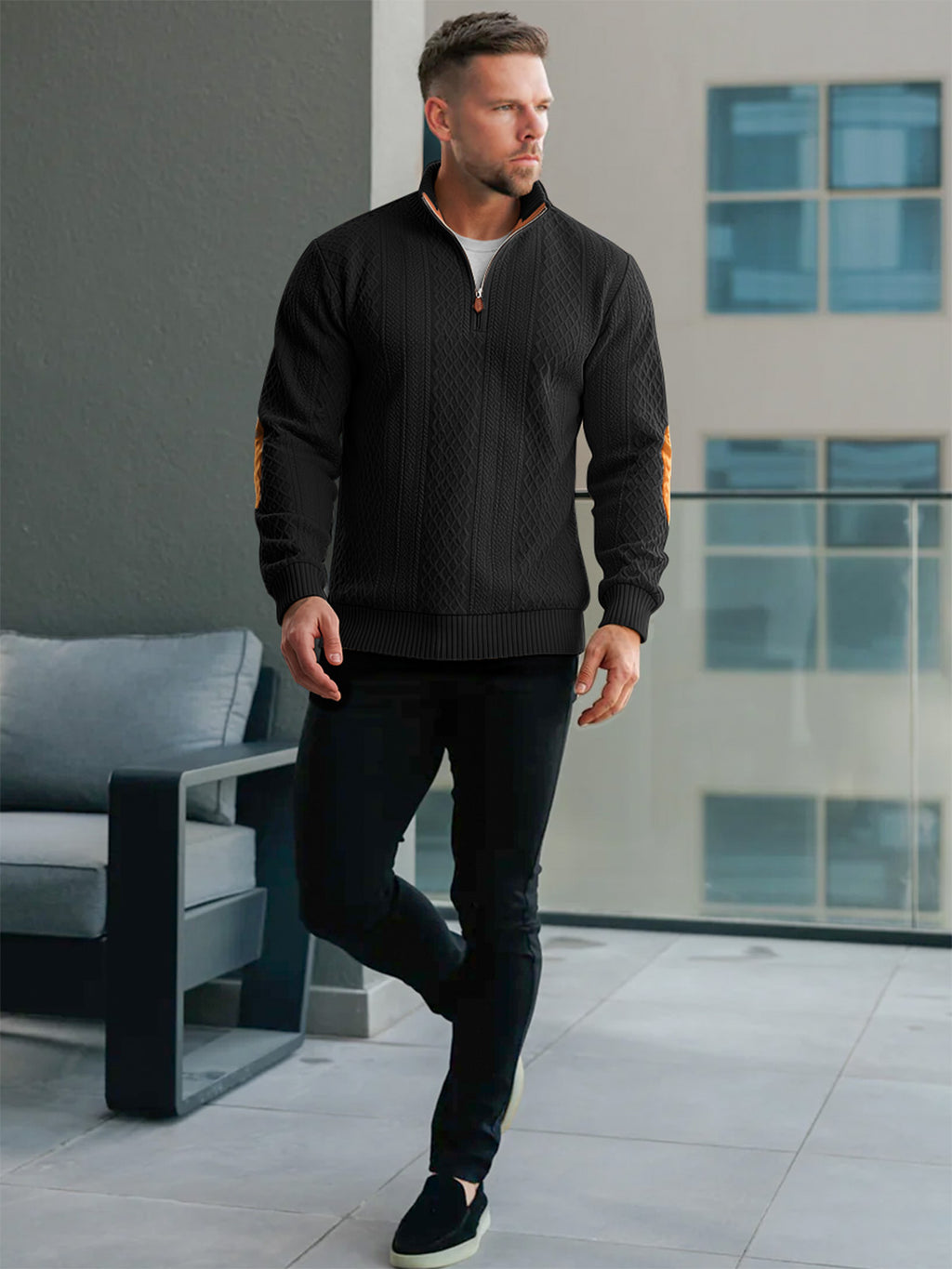 JK03 Riskrole Men's Quarter Zip Cable Knit Sweater with Faux Leather Elbow Patches