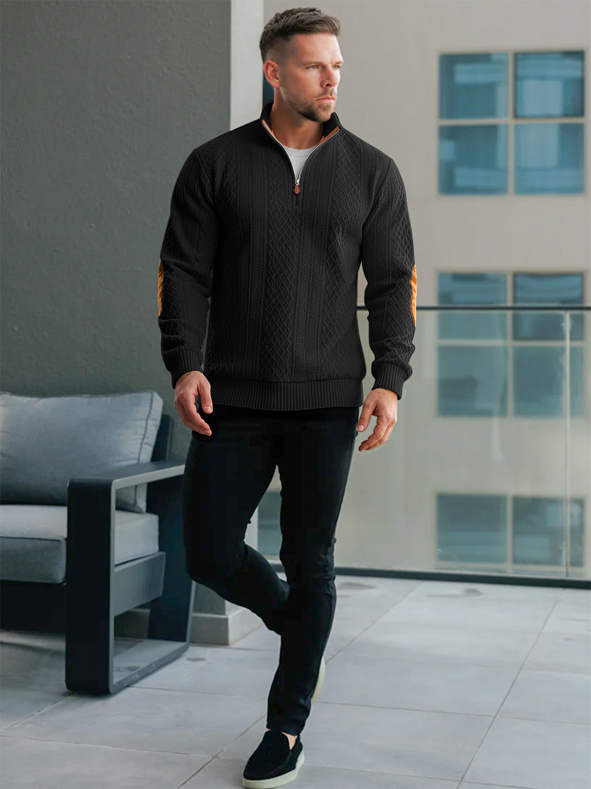 JK03 Riskrole Men's Quarter Zip Cable Knit Sweater with Faux Leather Elbow Patches