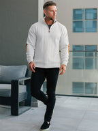 JK03 Riskrole Men's Quarter Zip Cable Knit Sweater with Faux Leather Elbow Patches