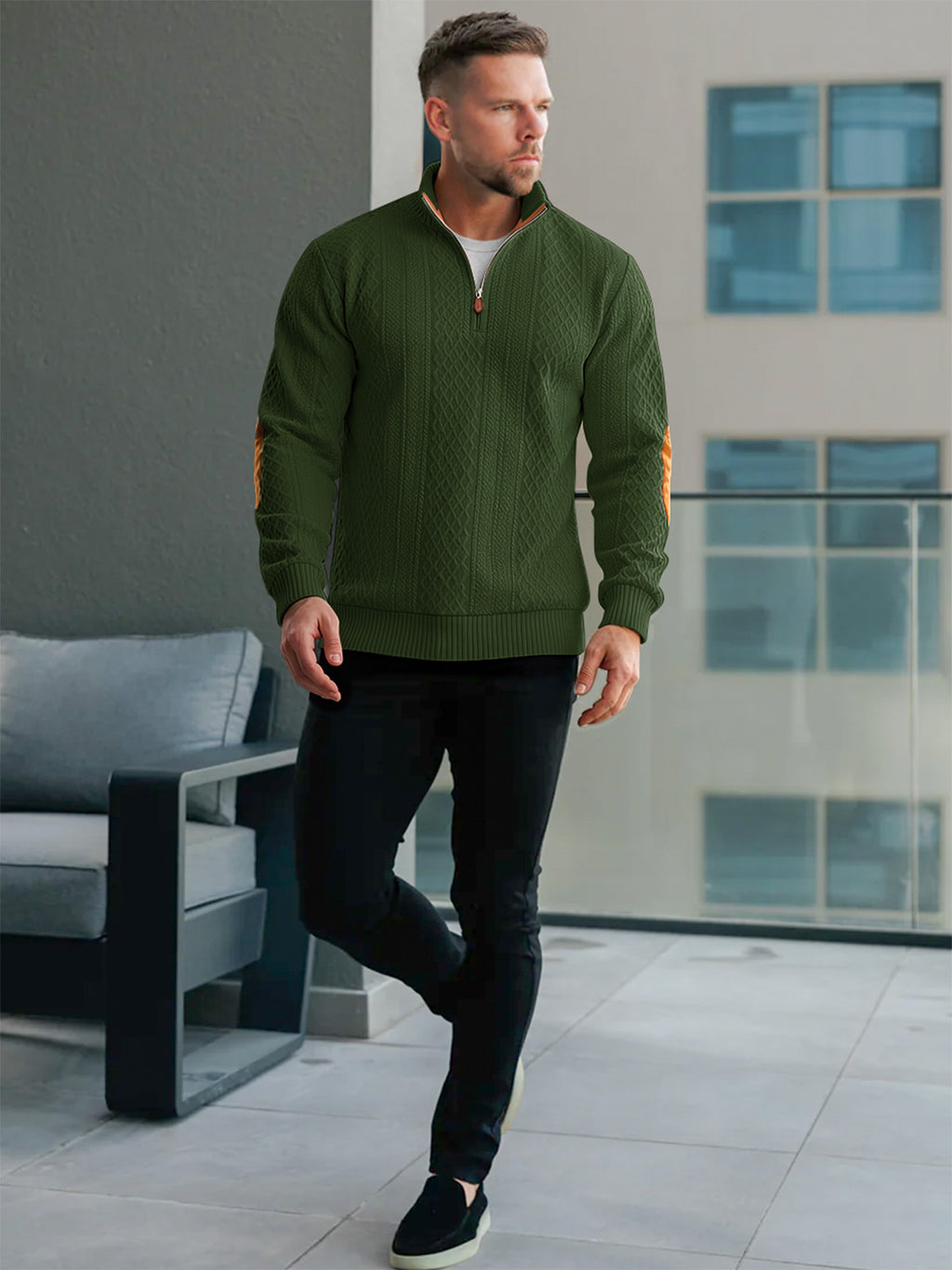 JK03 Riskrole Men's Quarter Zip Cable Knit Sweater with Faux Leather Elbow Patches