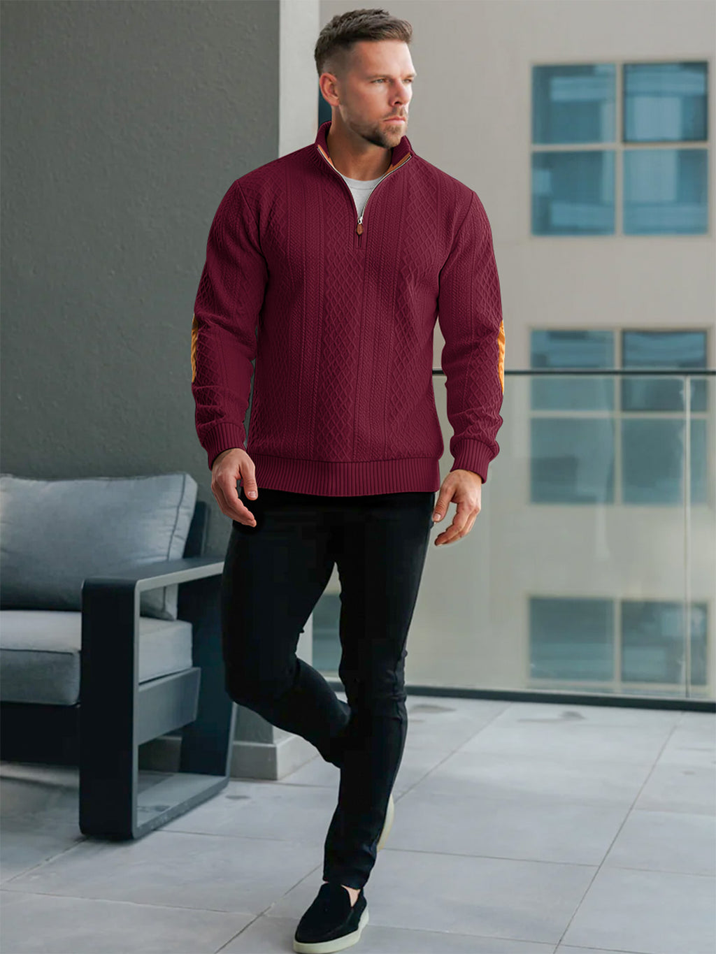 JK03 Riskrole Men's Quarter Zip Cable Knit Sweater with Faux Leather Elbow Patches