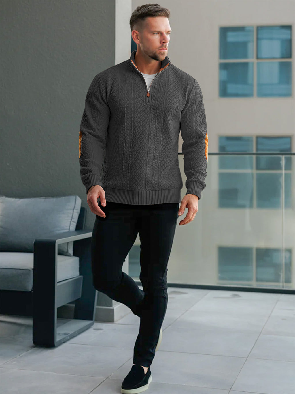 JK03 Riskrole Men's Quarter Zip Cable Knit Sweater with Faux Leather Elbow Patches