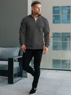 JK03 Riskrole Men's Quarter Zip Cable Knit Sweater with Faux Leather Elbow Patches