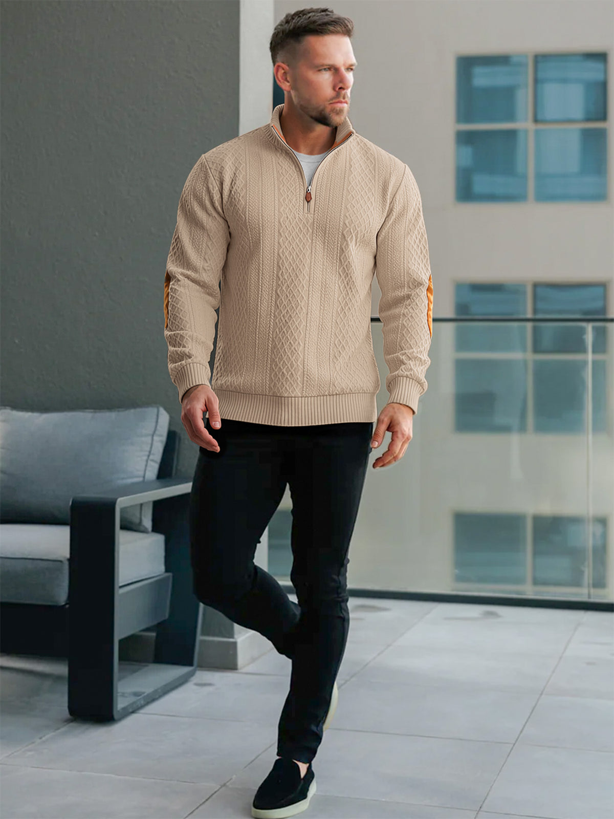 JK03 Riskrole Men's Quarter Zip Cable Knit Sweater with Faux Leather Elbow Patches