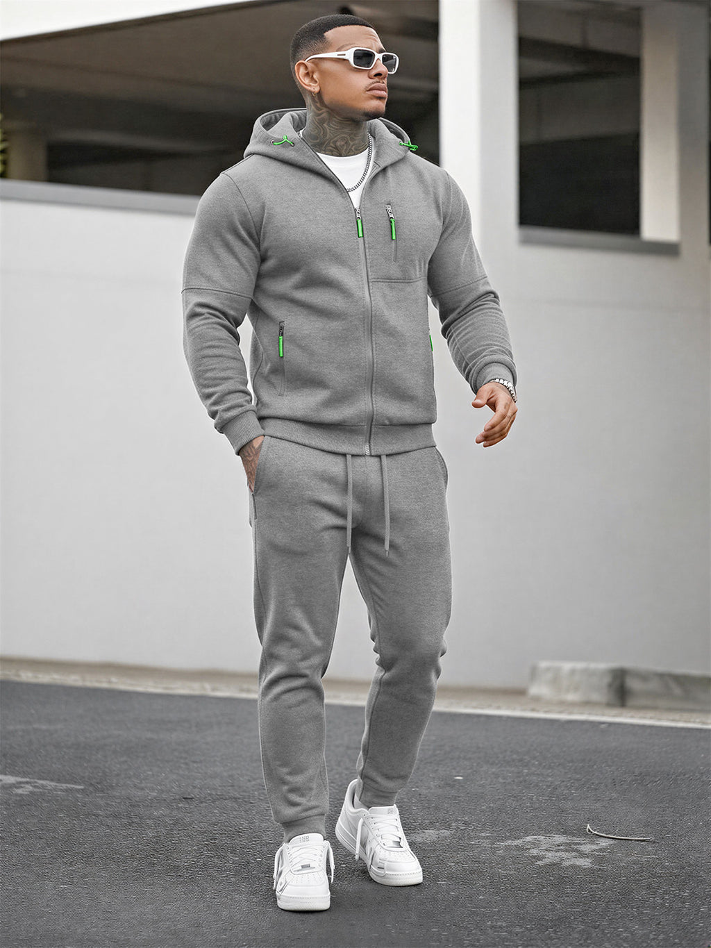 TZ804 Men's Zipper Hoodie Tracksuit 2 Piece Outfit, Casual Long Sleeve Hooded Sweatshirt & Jogger Pants Set
