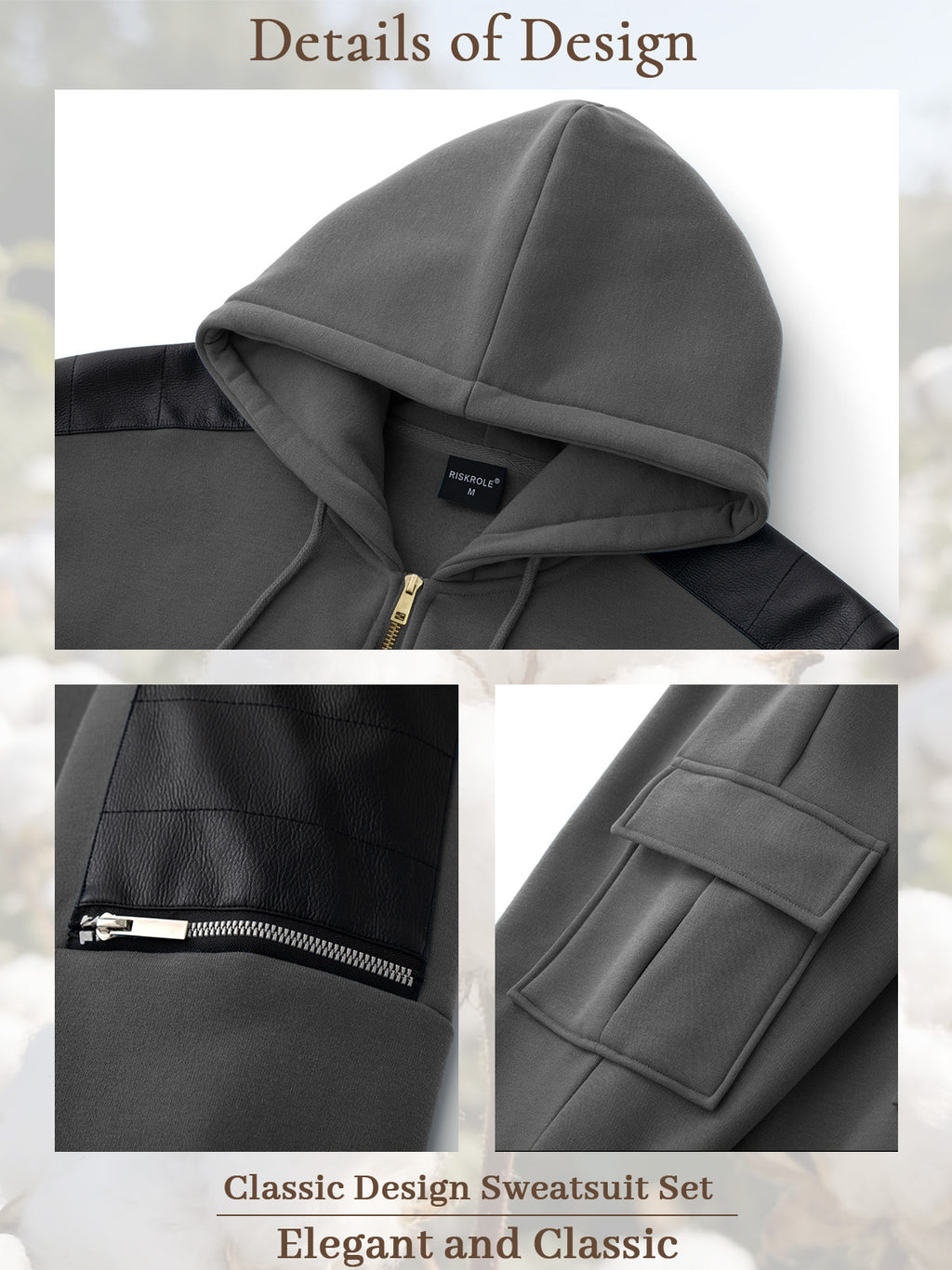 TZ09 Men's Zip Up Hoodie Tracksuit 2 Piece Matching Outfit with Zipper Pockets