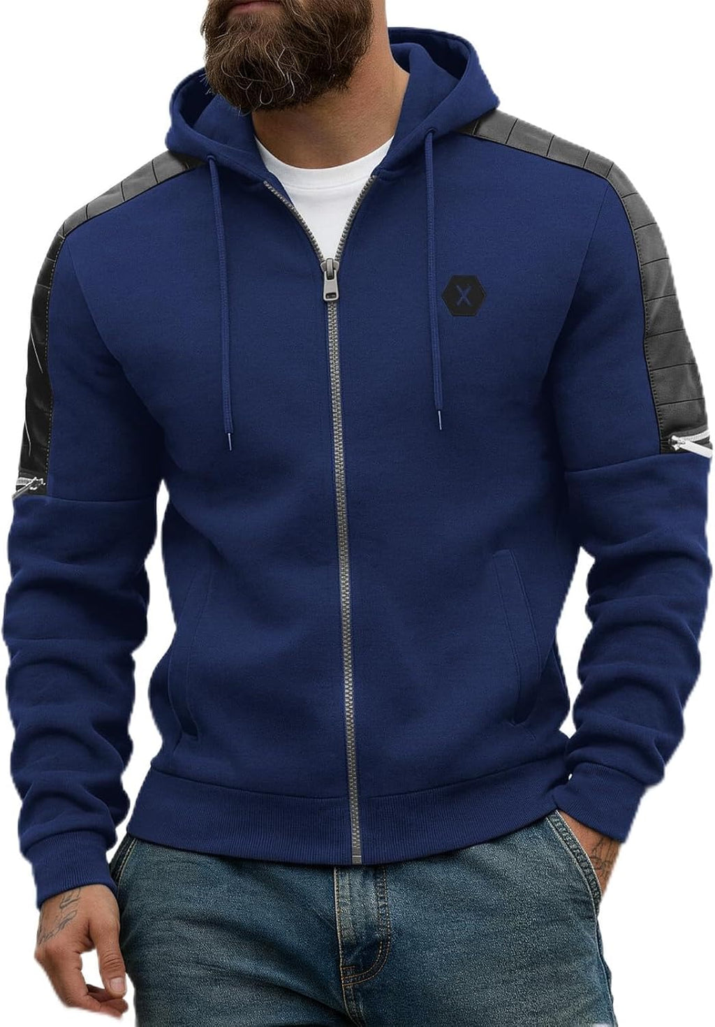 Men's Zip-Up Fleece Hoodie with Leather Trim - Detail View