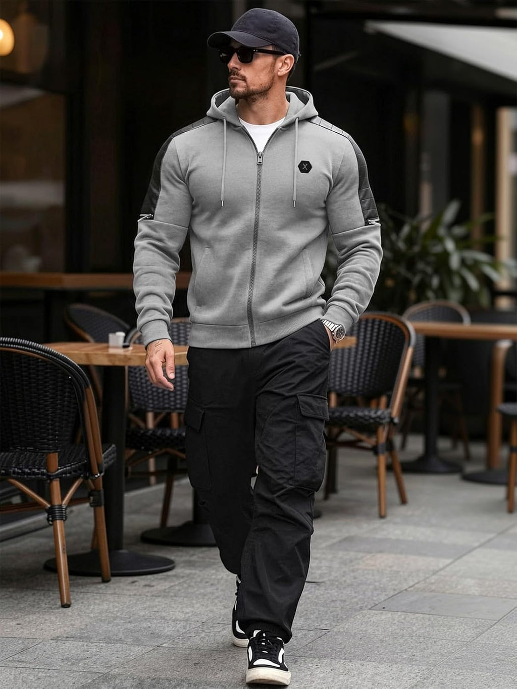 Men's Zip-Up Fleece Hoodie with Leather Trim - Front View