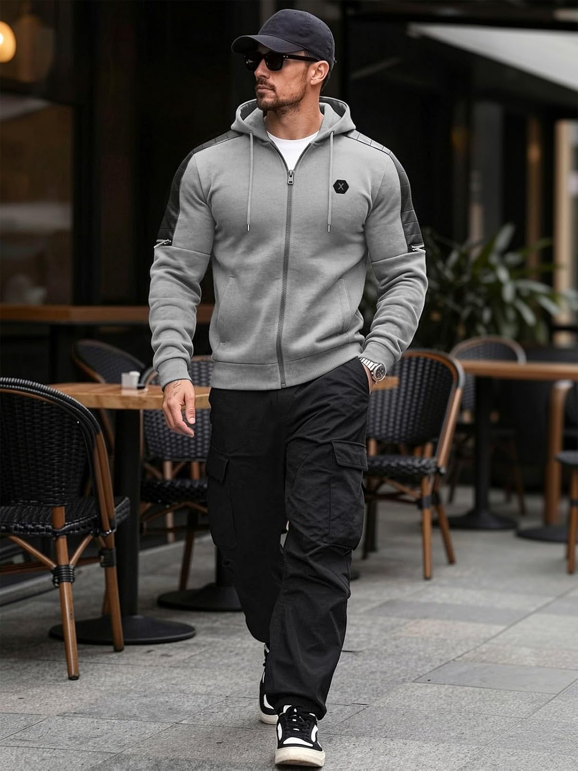 Men's Zip-Up Fleece Hoodie with Leather Trim - Front View