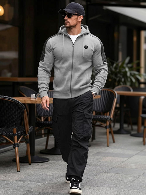 Men's Zip-Up Fleece Hoodie with Leather Trim - Front View