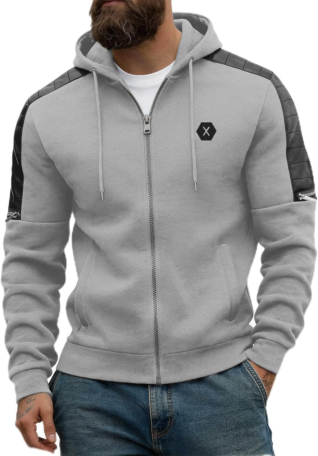 Men's Zip-Up Fleece Hoodie with Leather Trim - View 6