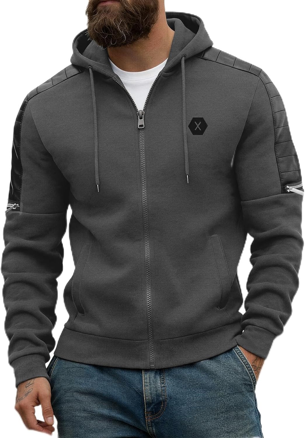 Men's Zip-Up Fleece Hoodie with Leather Trim - View 8