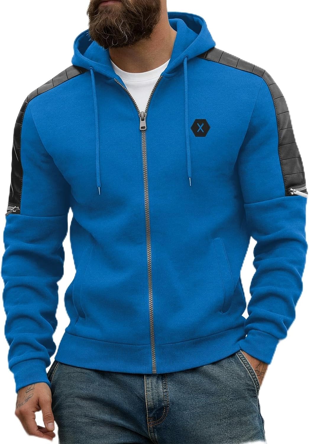 Men's Zip-Up Fleece Hoodie with Leather Trim - Detail View