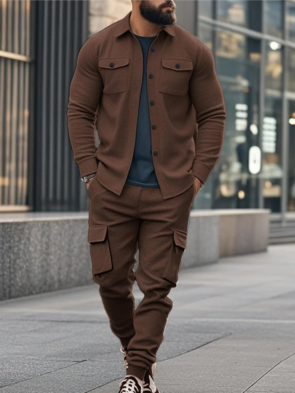 Men's Fleece Cargo Jacket & Pants Set - Detail View
