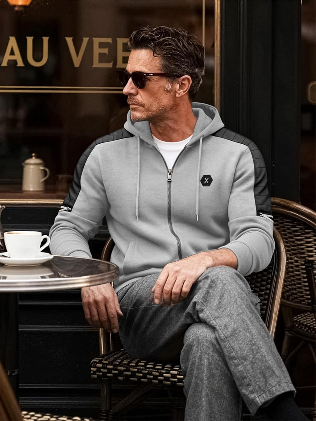 Men's Zip-Up Fleece Hoodie with Leather Trim - View 10
