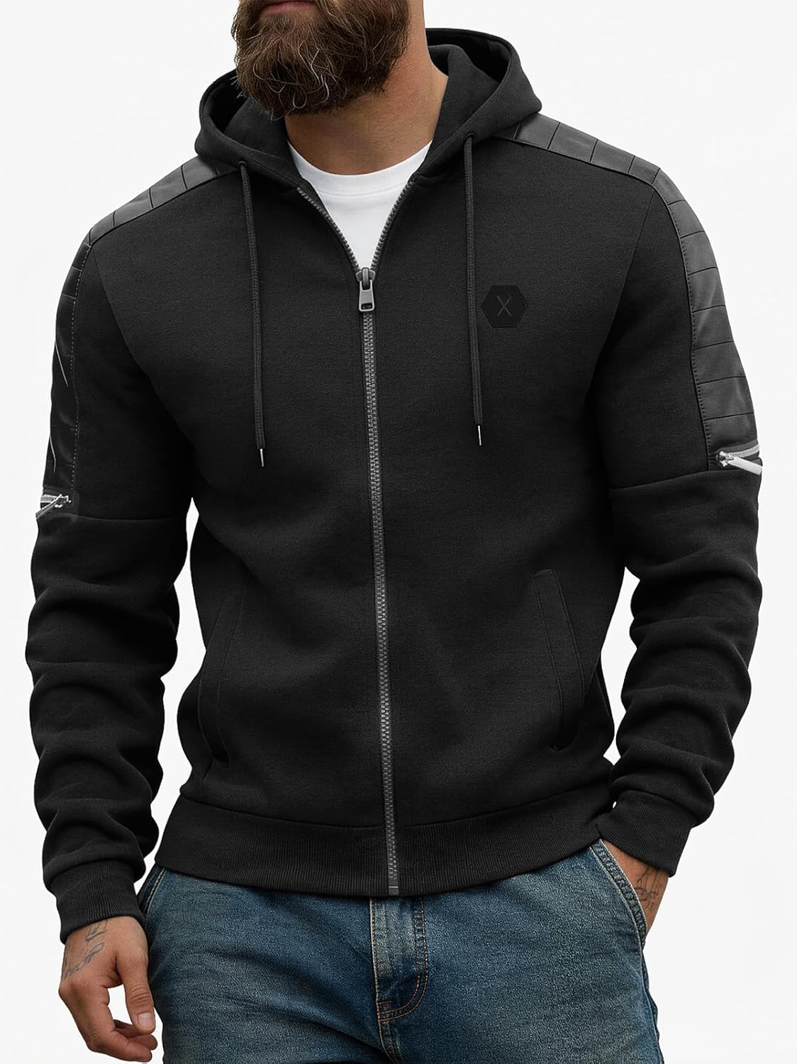 Men's Zip-Up Fleece Hoodie with Leather Trim - View 5
