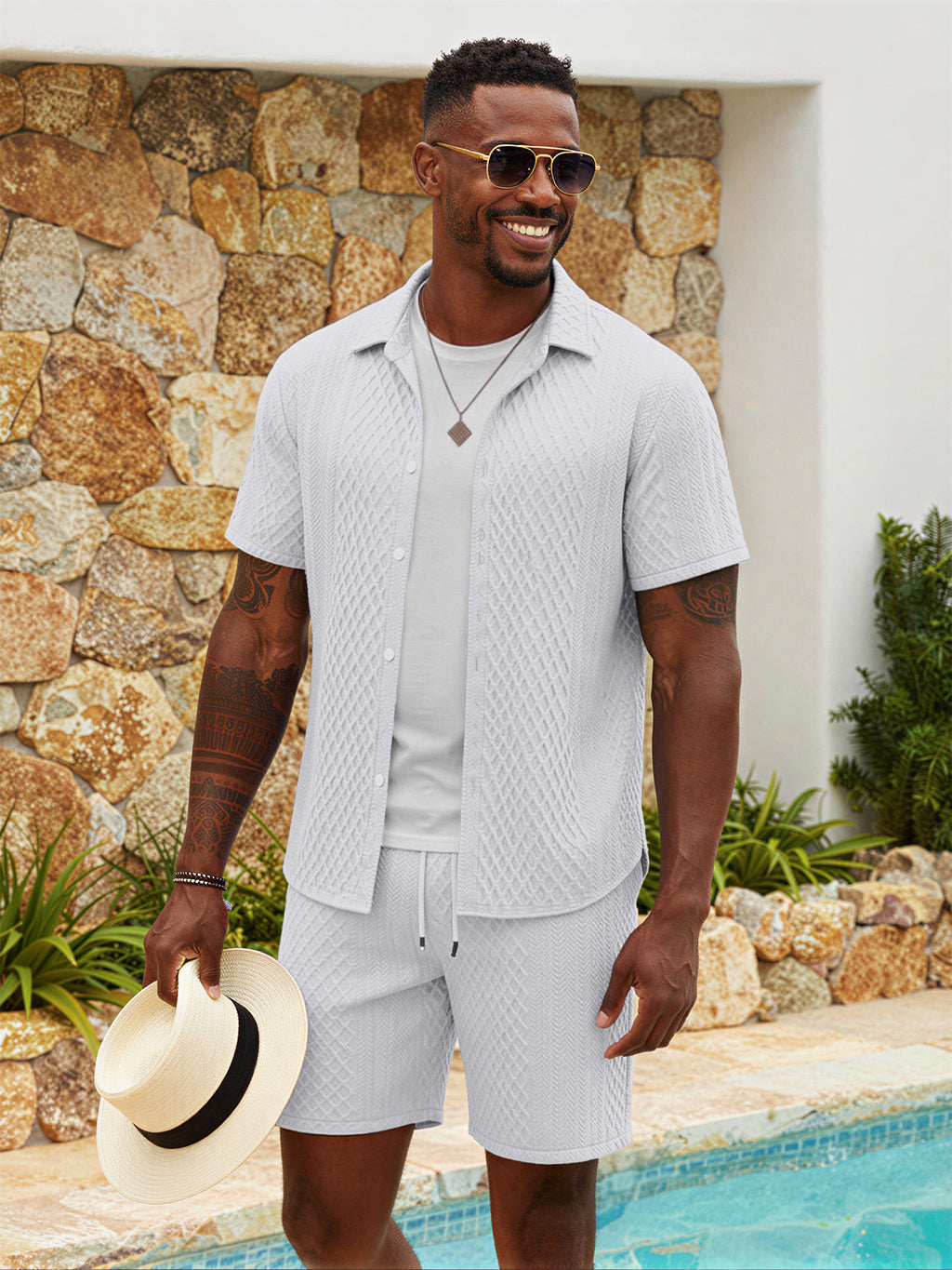 TZTH01 Men Sets, Men Outfit, Summer Men Clothing, Textured Shirt Set, Casual 2 Piece Set, Beach Outfit