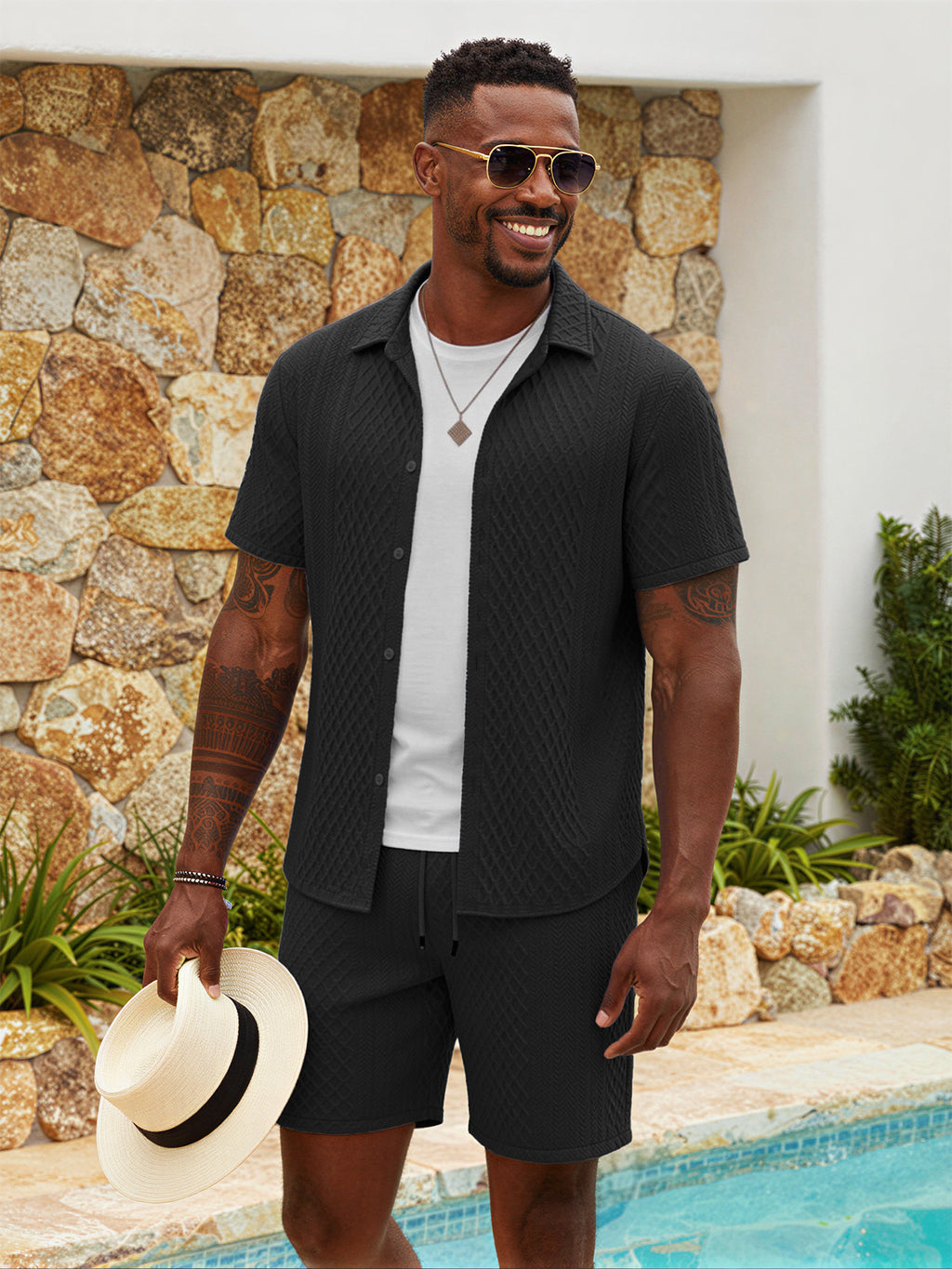 TZTH01 Men Sets, Men Outfit, Summer Men Clothing, Textured Shirt Set, Casual 2 Piece Set, Beach Outfit