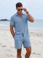 TZTH01 Men Sets, Men Outfit, Summer Men Clothing, Textured Shirt Set, Casual 2 Piece Set, Beach Outfit