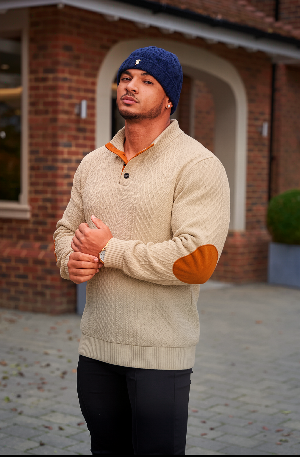 JK02 Riskrole Men's Jacquard Cable Knit 1/4 Button Stand Collar Casual Pullover Sweater with Elbow Patches