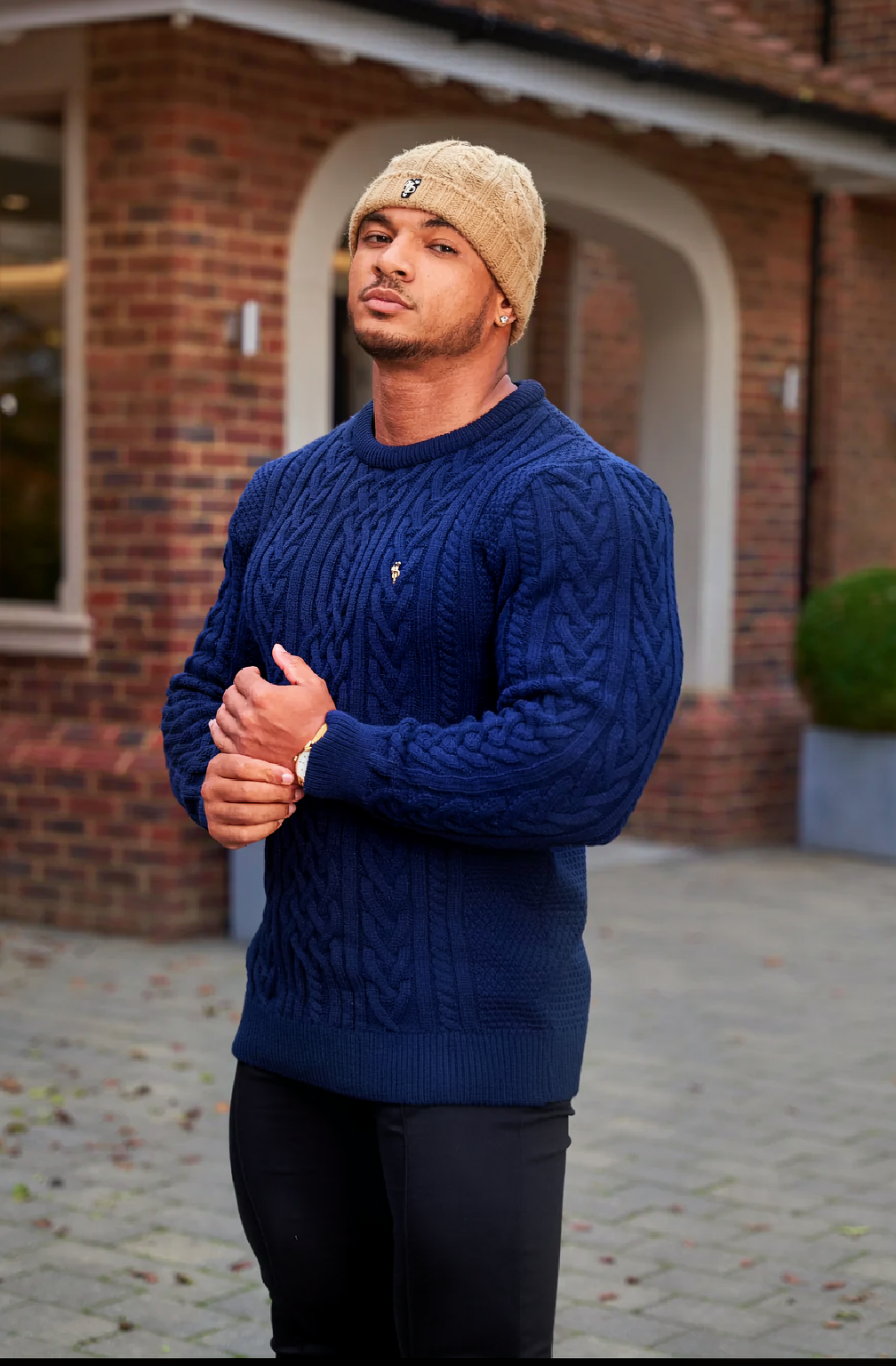 JK02 Riskrole Men's Jacquard Cable Knit 1/4 Button Stand Collar Casual Pullover Sweater with Elbow Patches