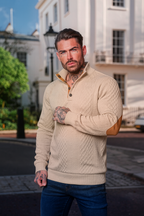 JK02 Riskrole Men's Jacquard Cable Knit 1/4 Button Stand Collar Casual Pullover Sweater with Elbow Patches