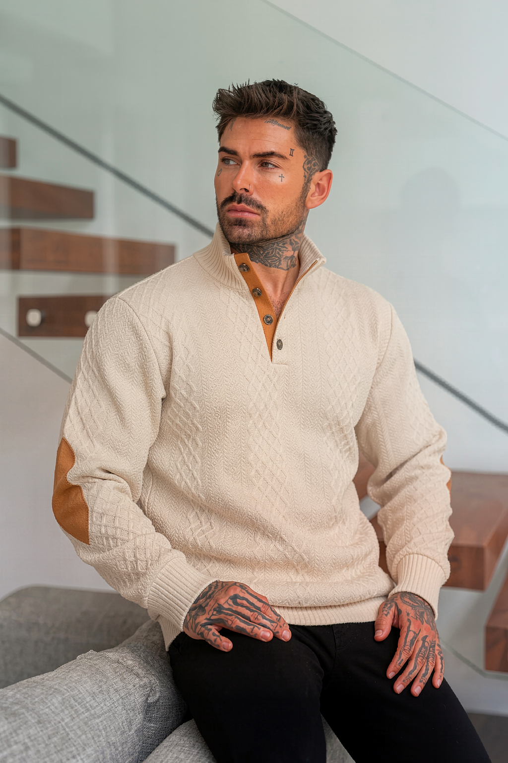 JK02 Riskrole Men's Jacquard Cable Knit 1/4 Button Stand Collar Casual Pullover Sweater with Elbow Patches