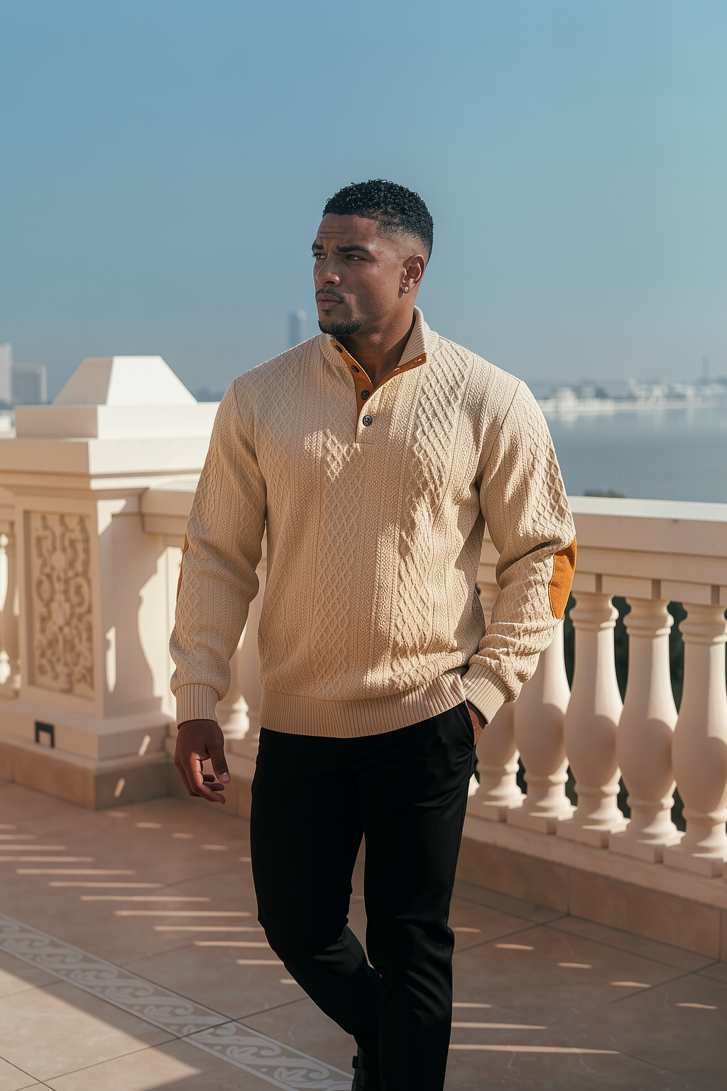 JK02 Riskrole Men's Jacquard Cable Knit 1/4 Button Stand Collar Casual Pullover Sweater with Elbow Patches