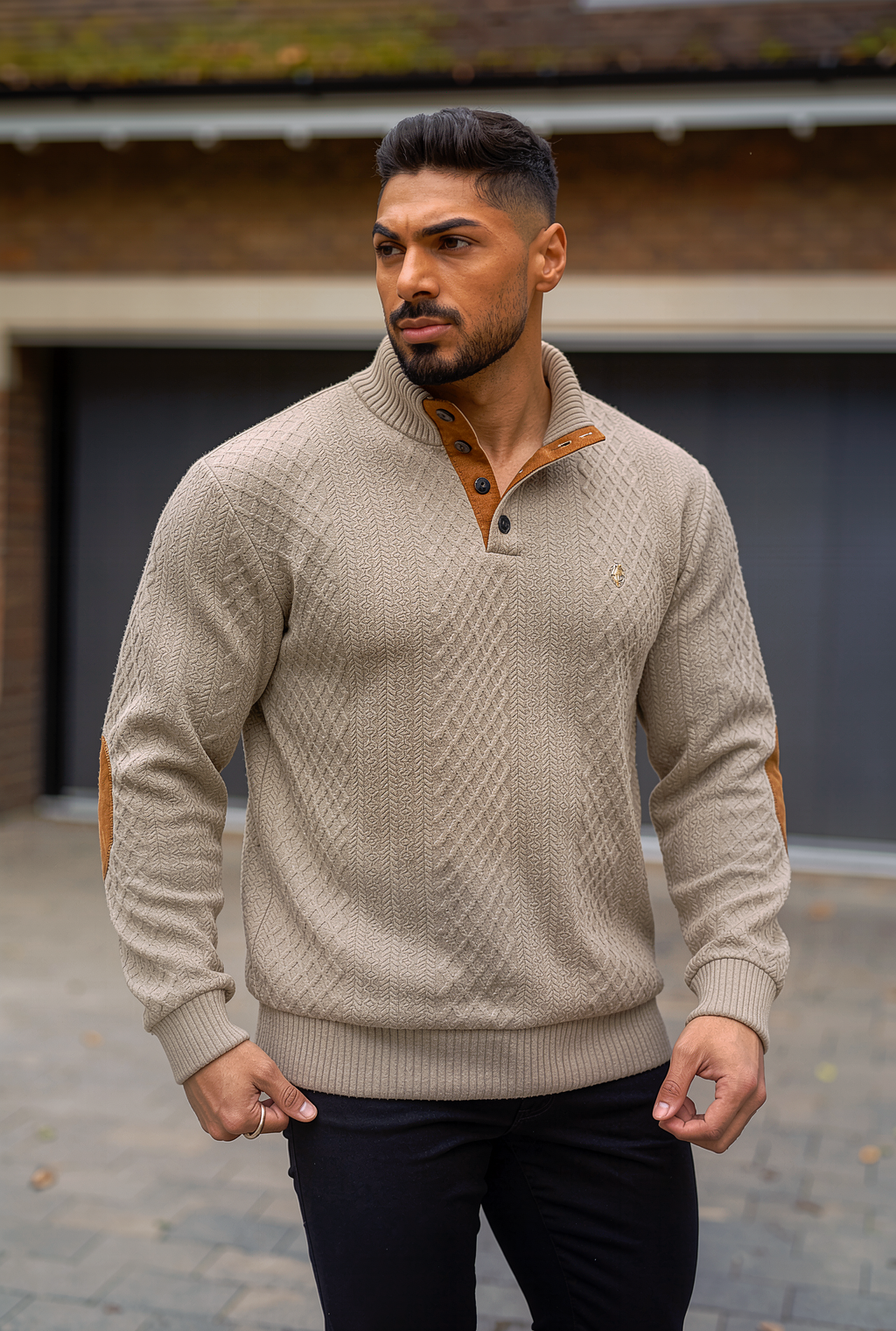 JK02 Riskrole Men's Jacquard Cable Knit 1/4 Button Stand Collar Casual Pullover Sweater with Elbow Patches