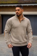JK02 Riskrole Men's Jacquard Cable Knit 1/4 Button Stand Collar Casual Pullover Sweater with Elbow Patches