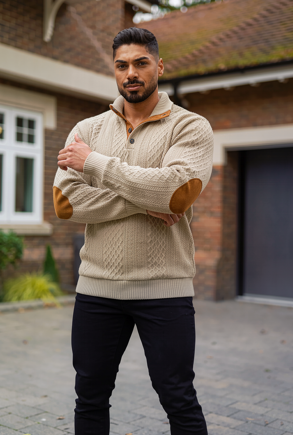 JK02 Riskrole Men's Jacquard Cable Knit 1/4 Button Stand Collar Casual Pullover Sweater with Elbow Patches