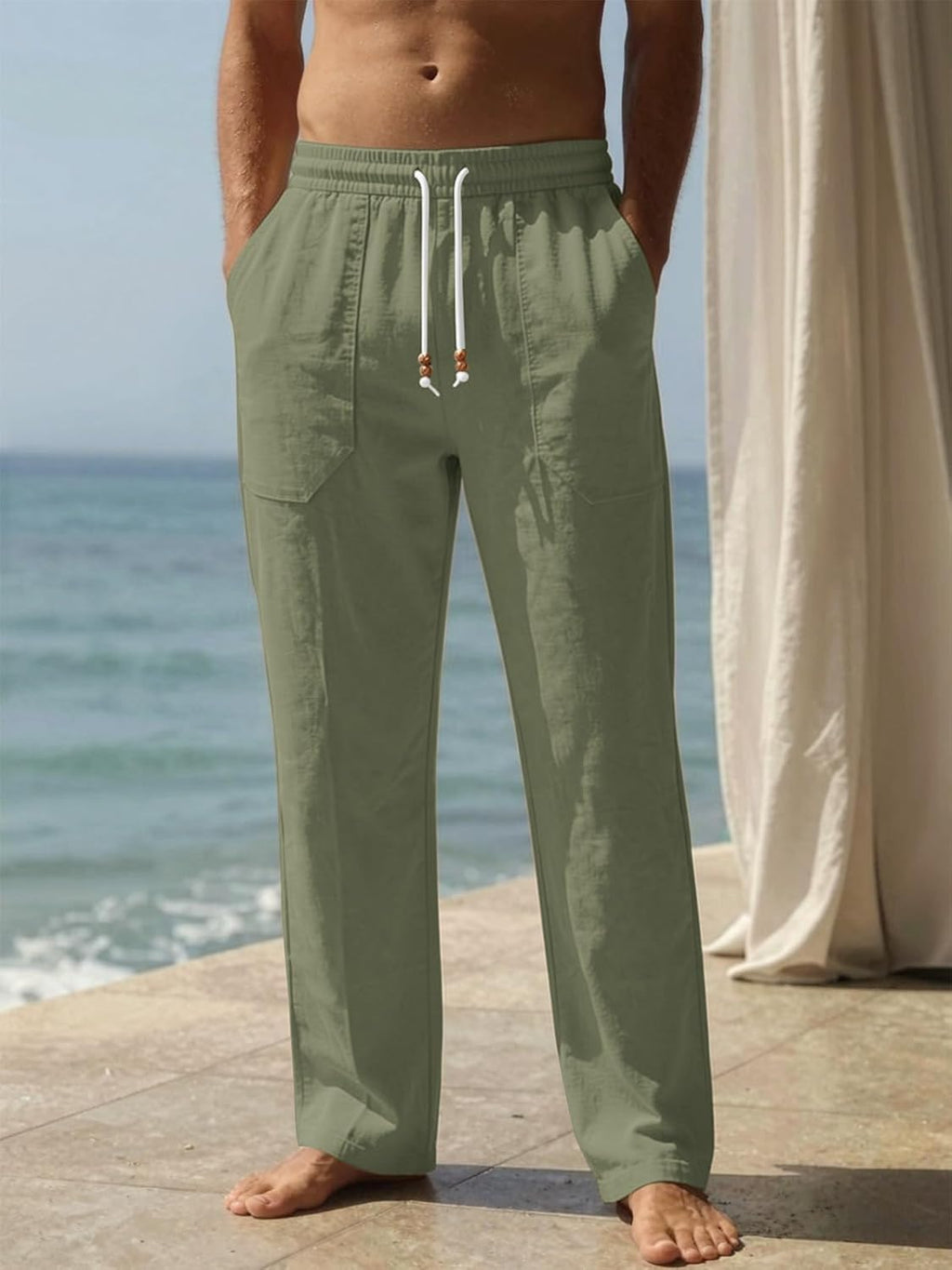 Riskrole men's cotton linen drawstring pants - Army Green view 2
