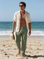 Riskrole men's cotton linen drawstring pants - Army Green view 3