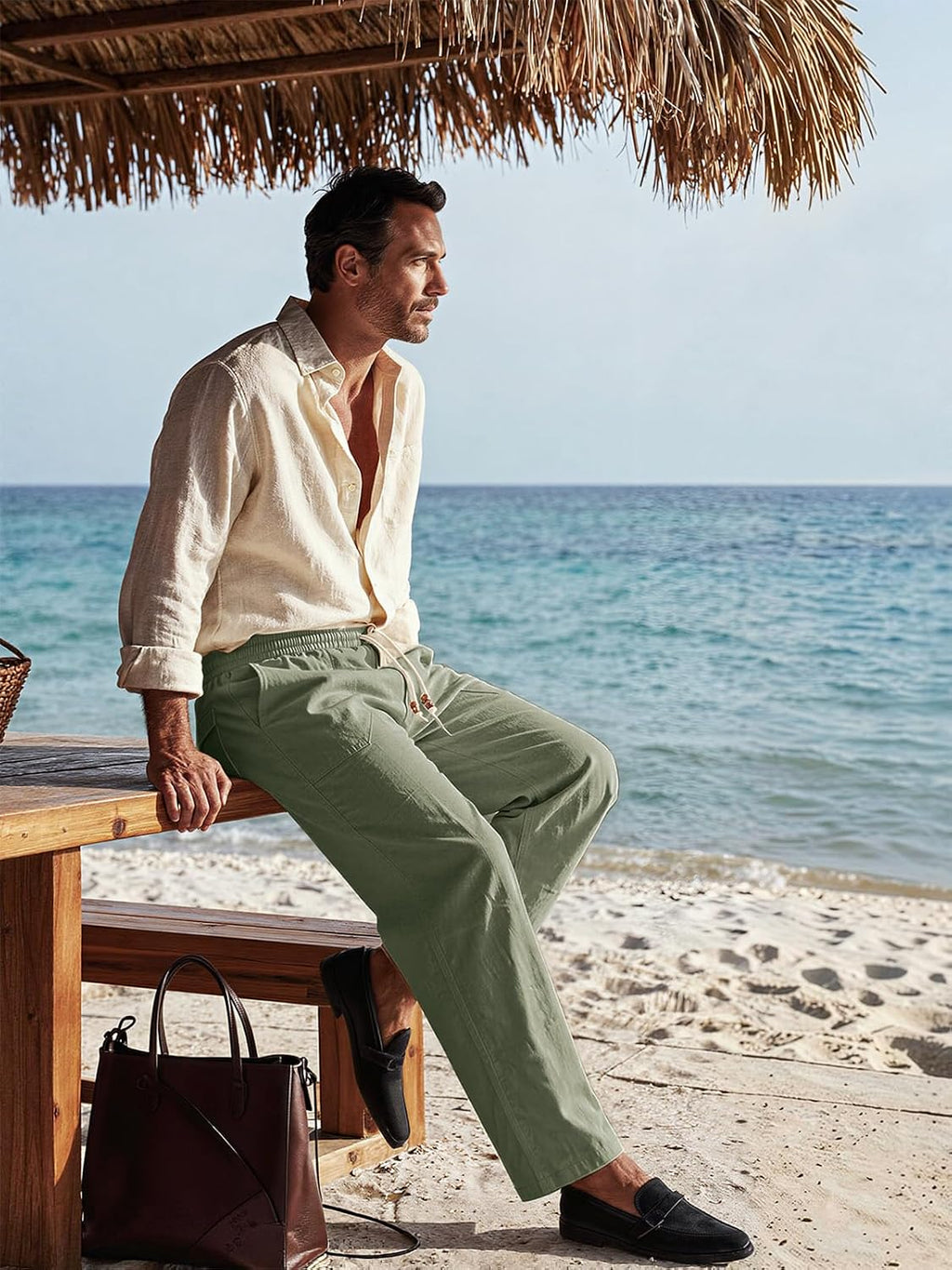 Riskrole men's cotton linen drawstring pants - Army Green view 4