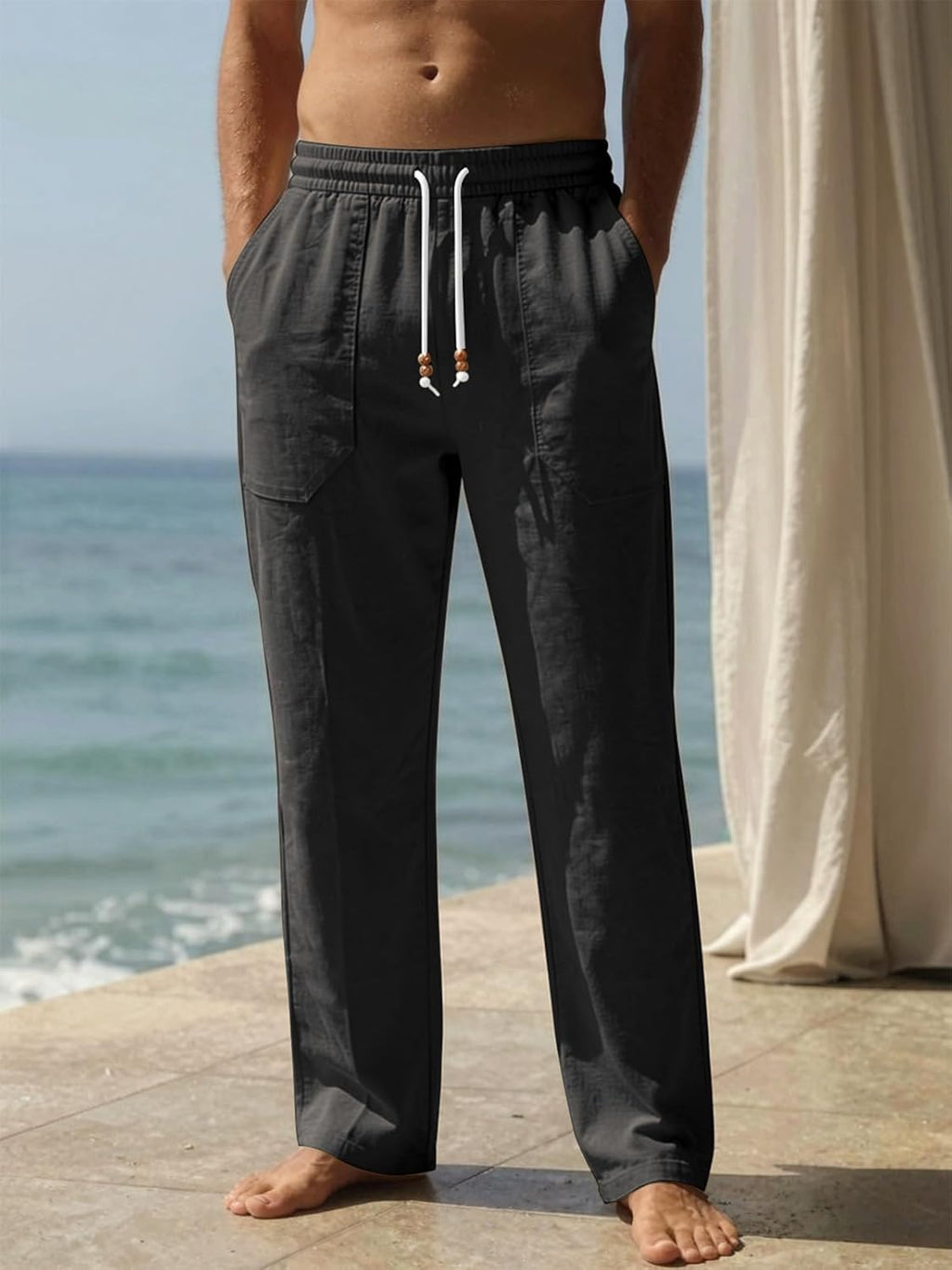 Riskrole men's cotton linen drawstring pants - Black view 2