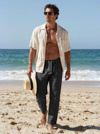 Riskrole men's cotton linen drawstring pants - Black view 3