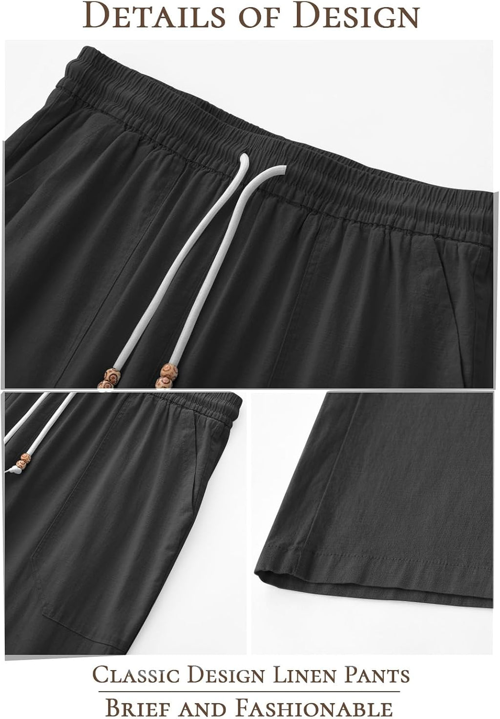 Riskrole men's cotton linen drawstring pants - Black view 5