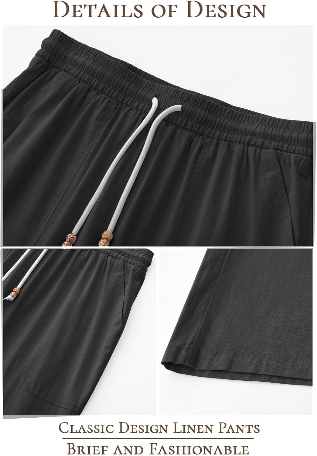 Riskrole men's cotton linen drawstring pants - Black view 5