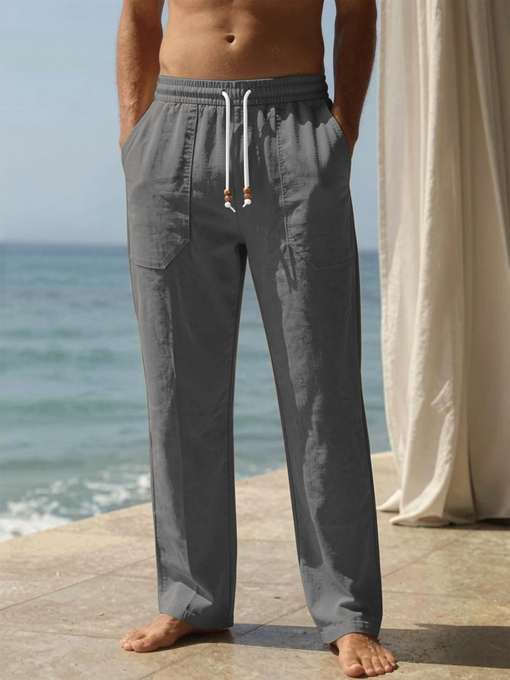 Riskrole men's cotton linen drawstring pants - Dark Grey view 2